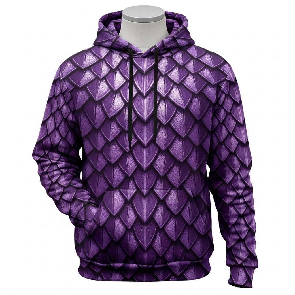 Violetter Hoodie mit Fantasy-inspiriertem Schuppenmuster