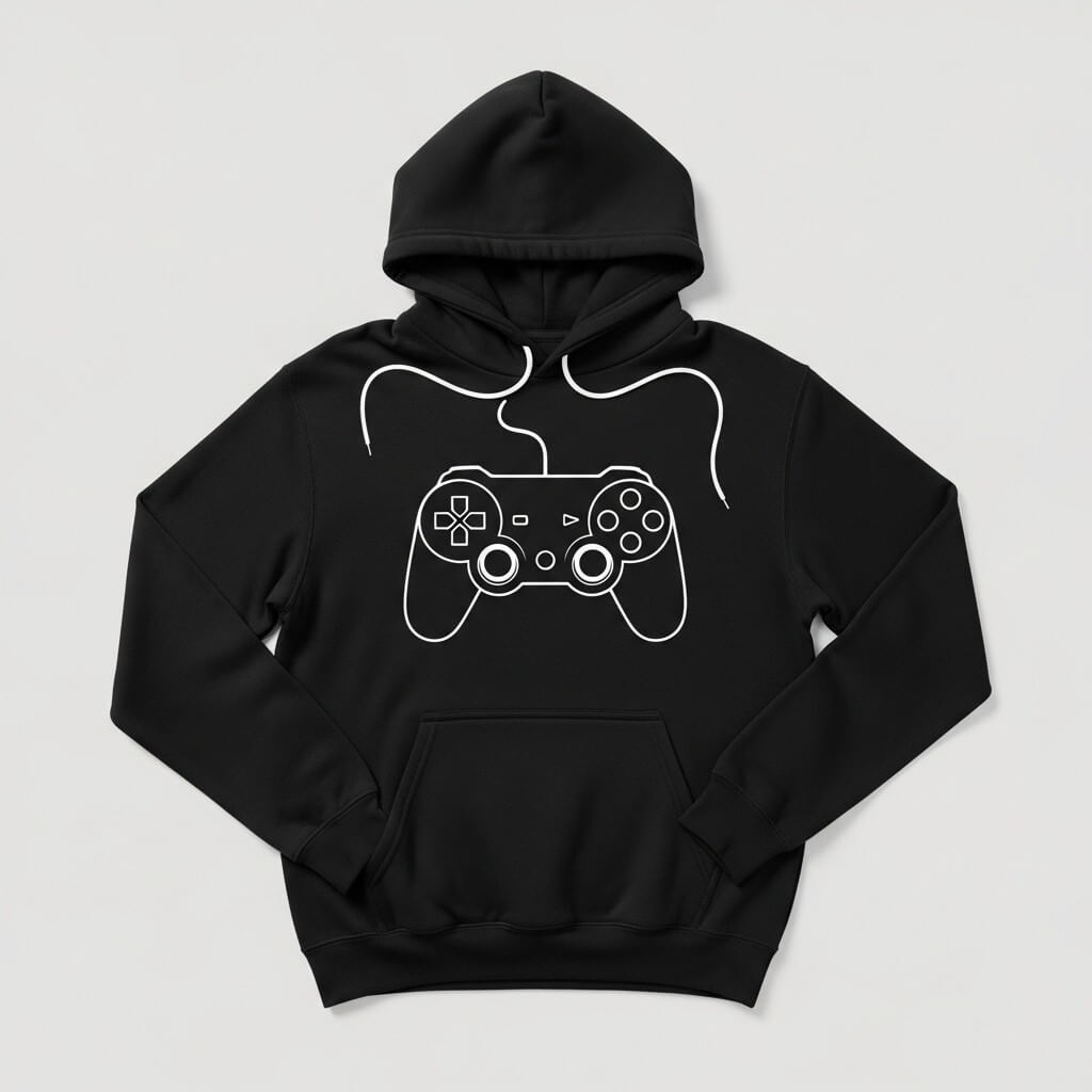 Schwarzer Hoodie mit minimalistischem Gaming-Controller-Print